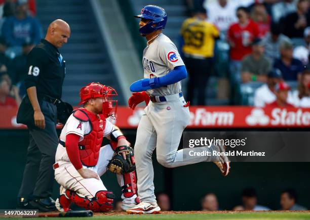 Miguel Amaya of the Chicago Cubs scores a run against the Los Angeles Angels in the second inning at Angel Stadium of Anaheim on June 08, 2023 in...