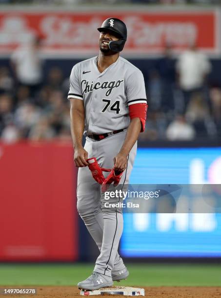 Eloy Jimenez of the Chicago White Sox is injured in the ninth inning against the New York Yankees during game two of a double header at Yankee...