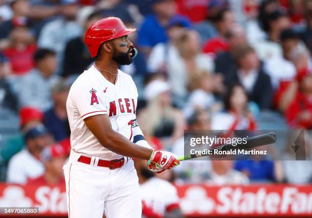 Jo Adell of the Los Angeles Angels hits a home run against the Chicago Cubs in the second inning at Angel Stadium of Anaheim on June 08, 2023 in...