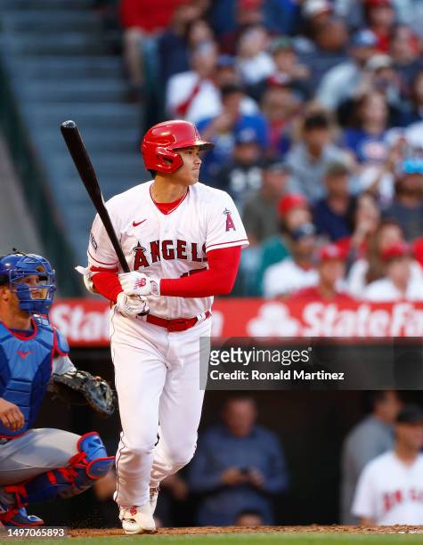 Shohei Ohtani of the Los Angeles Angels singles against the Chicago Cubs in the second inning at Angel Stadium of Anaheim on June 08, 2023 in...