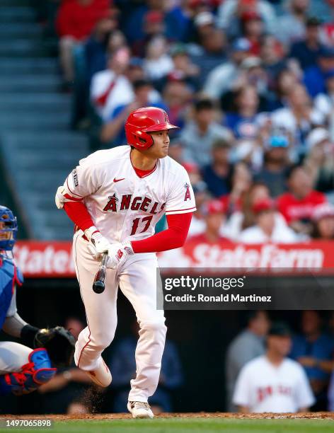 Shohei Ohtani of the Los Angeles Angels singles against the Chicago Cubs in the second inning at Angel Stadium of Anaheim on June 08, 2023 in...