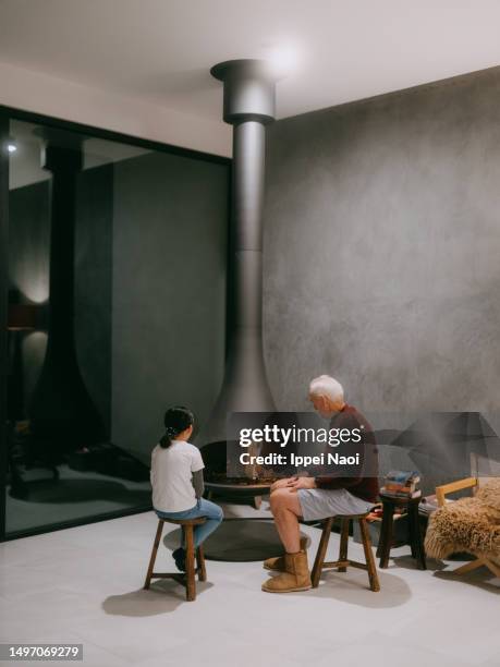 grandfather and granddaughter looking at fireplace - white night melbourne stock pictures, royalty-free photos & images