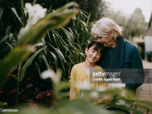 grandmother and granddaughter in backyard, australia - granddaughter stock pictures, royalty-free photos & images