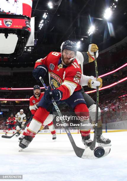 Matthew Tkachuk of the Florida Panthers has the puck on his stick before scoring a goal against the Vegas Golden Knights in the last minutes of the...