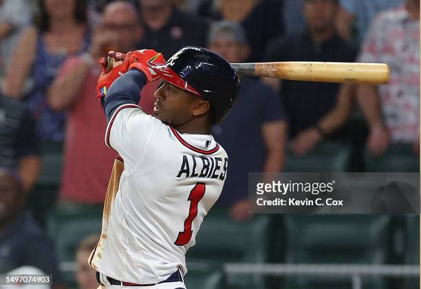 Ozzie Albies of the Atlanta Braves hits a three-run walk-off homer in the 10th inning against the New York Mets at Truist Park on June 08, 2023 in...