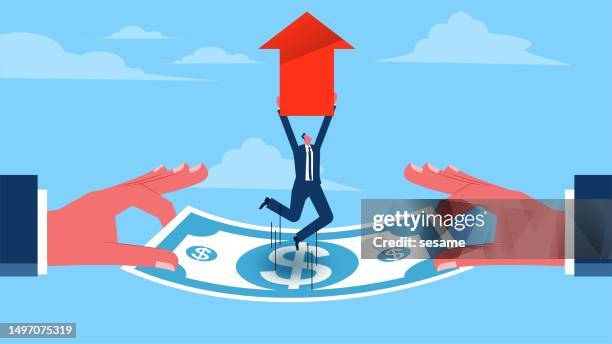 economic recovery or economic rebound, stock market or price rebound, help with business problems, businessman jumping upwards with arrows on a trampoline of bills. - trampoline jump stock illustrations