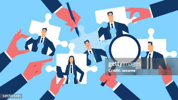 hr recruitment, team candidates, resume and individual career skills analysis, finding a business team or partner, team puzzles, hr managers analyzing employee puzzles - choosing candidate stock illustrations