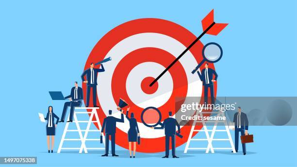 planning and analysis of team or individual career business development goals, achieving goals to accomplish the mission, business team analysis of huge targets - 665409969 or 665409803 stock illustrations