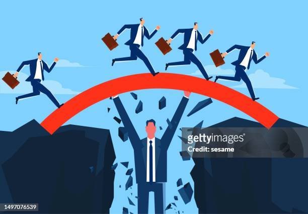 bridging the gap, helping to conquer adversity through difficult times, providing support and help for employees or business success in difficult times, the giant supports a bridge connecting the cliffs to help businessmen pass - helping to cross the bridge stock illustrations