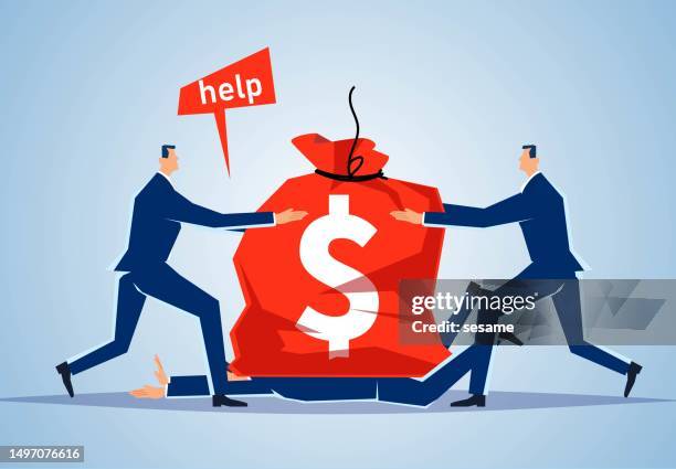 paying off debts, debt problems, mortgage or financial loan crisis, two businessmen try to take off the huge money bag that weighs on their companion - excess stock illustrations