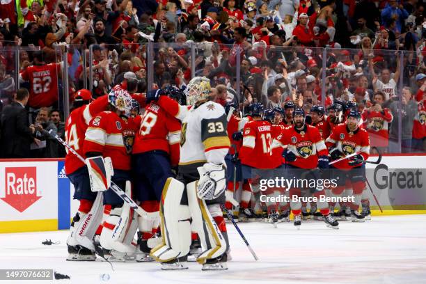 Adin Hill of the Vegas Golden Knights skates off the ice after allowing the game-winning goal to Carter Verhaeghe of the Florida Panthers during the...