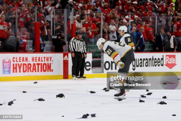 Brett Howden of the Vegas Golden Knights reacts after Carter Verhaeghe of the Florida Panthers scores the game-winning goal during the first overtime...