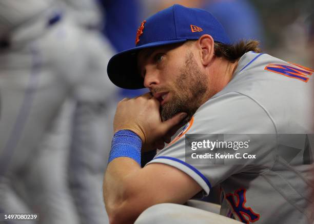 Jeff McNeil of the New York Mets looks on in the ninth inning against the Atlanta Braves at Truist Park on June 08, 2023 in Atlanta, Georgia.