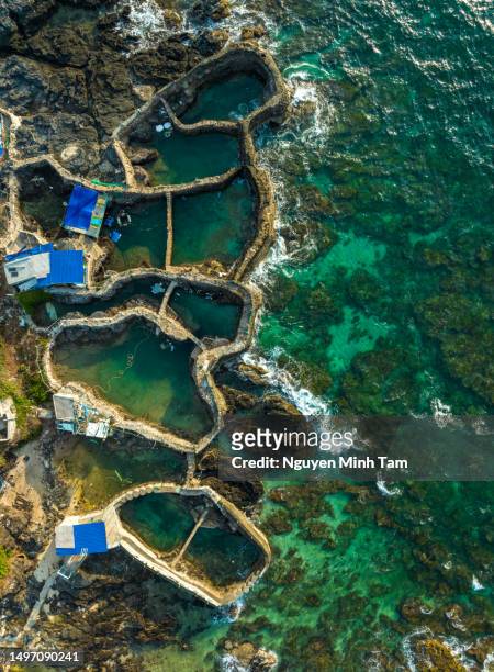 unique concrete pools along the shore, used to bring tidal water up and down into the pools to raise seafood, phu quy island, binh thuan province - vietnamese food stockfoto's en -beelden