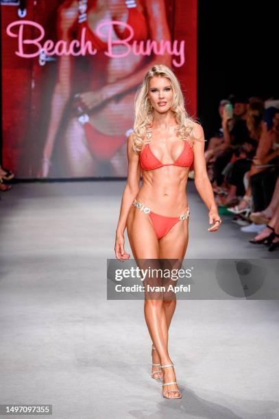 Joy Corrigan walks the runway during the Beach Bunny Fashion Show at The Paraiso Tent on June 08, 2023 in Miami Beach, Florida.