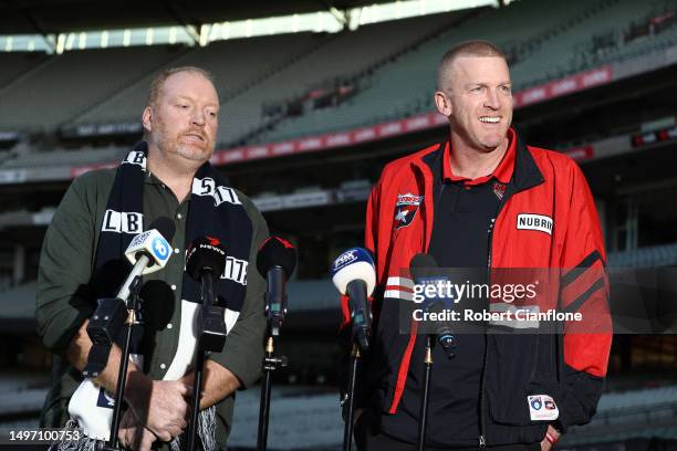 Former Carlton player Lance Whitnall and former Essendon player Dustin Fletcher speak to the media during a Carlton Blues & Essendon Bombers Media...