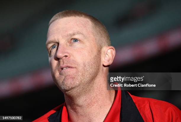 Former Essendon player Dustin Fletcher speaks to the media during a Carlton Blues & Essendon Bombers Media Opportunity at Melbourne Cricket Ground on...