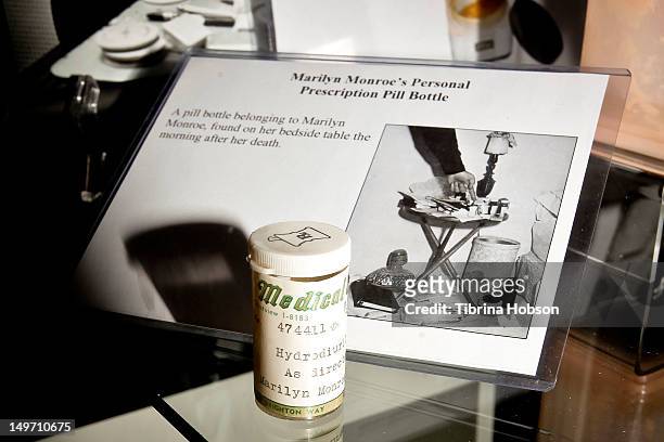 Marilyn Monroe's prescription pill bottle found on her bedside table the morning after her death on display at the Marilyn Monroe 50th Anniversary...