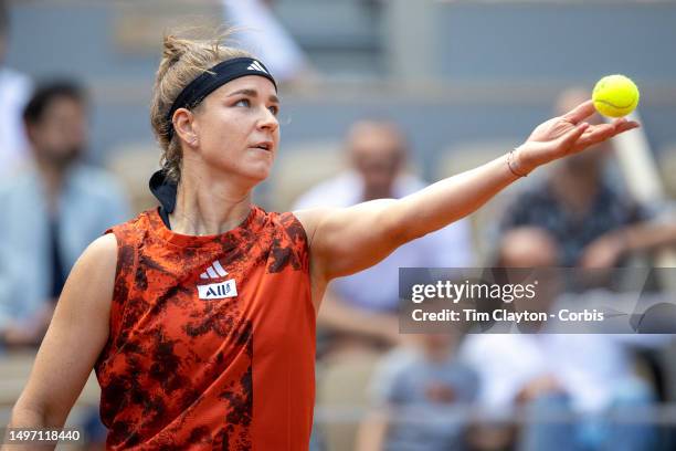 Karolina Muchova of the Czech Republic serving against Aryna Sabalenka of Belarus in the semi-final of the singles competition on Court Philippe...