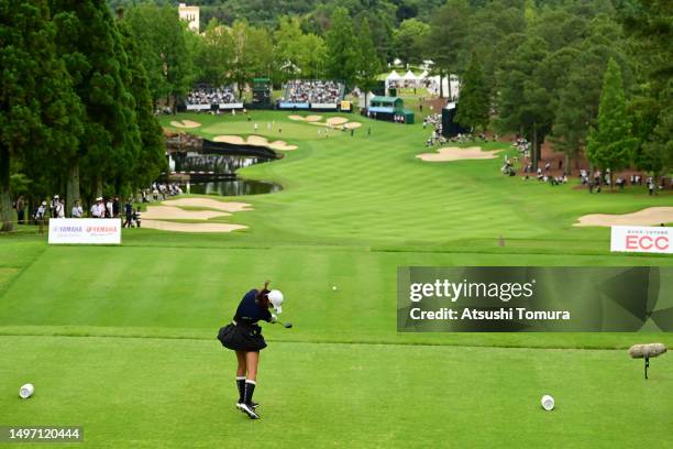 Amateur Saki Baba of Japan hits her tee shot on the 18th hole during the second round of Ai Miyazato Suntory Ladies Open Golf Tournament at Rokko...