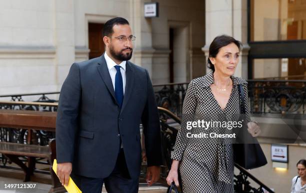 French President's former bodyguard Alexandre Benalla flanked by his lawyer Jacqueline Laffont arrives at Paris Court for his trial on appeal on June...