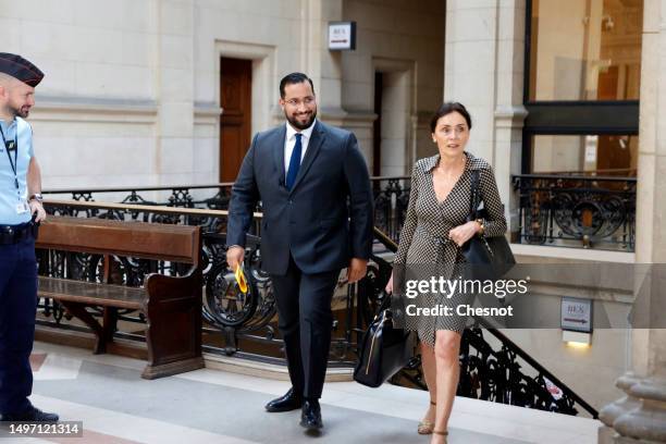 French President's former bodyguard Alexandre Benalla flanked by his lawyer Jacqueline Laffont arrives at Paris Court for his trial on appeal on June...