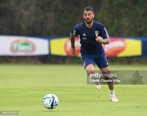 Leonardo Spinazzola of Italy in action during the friendly match between Italy and Cagliari U19 at Forte Village Resort on June 09, 2023 in Santa...