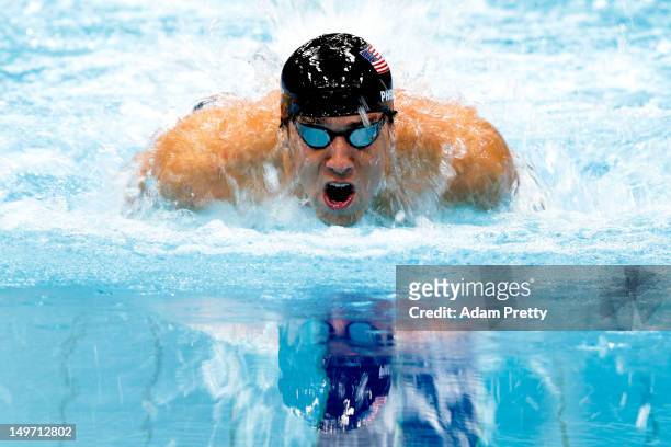 Michael Phelps of the United States competes in the Men's 200m Individual Medley final on Day 6 of the London 2012 Olympic Games at the Aquatics...