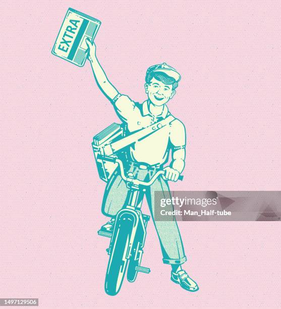 paperboy with extra news on bicycle - paper delivery person stock illustrations