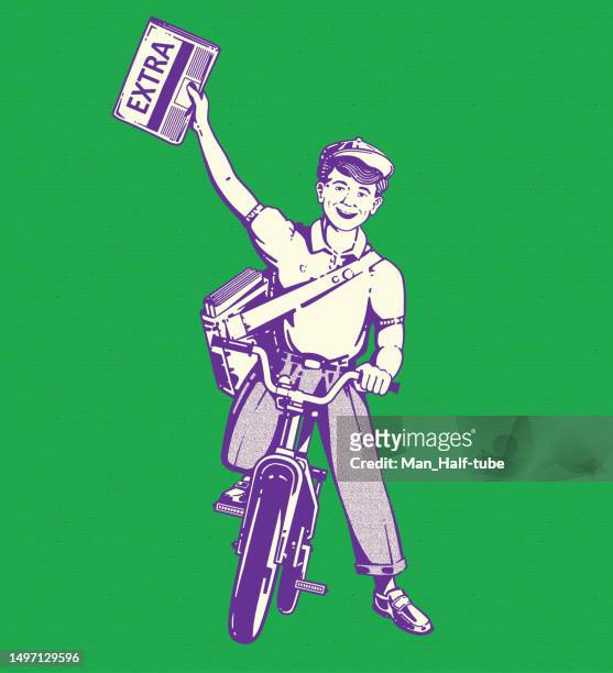 paperboy mit extra-news zum thema fahrrad - kinder 40er jahre stock-grafiken, -clipart, -cartoons und -symbole