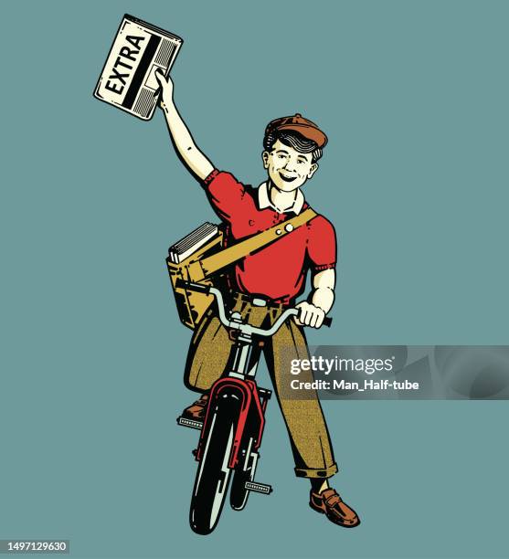 ilustrações de stock, clip art, desenhos animados e ícones de paperboy with extra news on bicycle - banda desenhada publicação