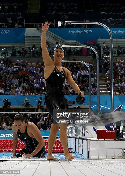 Elizabeth Beisel of the United States celebrates after competing in the Women's 200m Backstroke Semifinal 1 on Day 6 of the London 2012 Olympic Games...