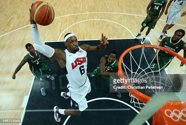 Lebron James of United States slam dunks against Nigeria in the first quarter during the Men's Basketball Preliminary Round match on Day 6 of the...