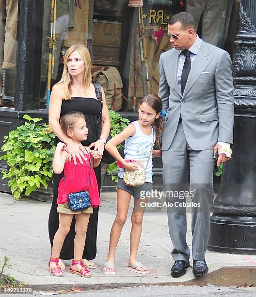 Alex Rodriguez and Cynthia Scurtis are seen with their daughters Ella Rodriguez and Natasha Rodriguez in the West Village on August 2, 2012 in New...