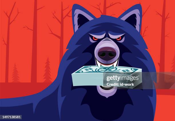 anger wolf holding stack of banknotes - safari animals stock illustrations