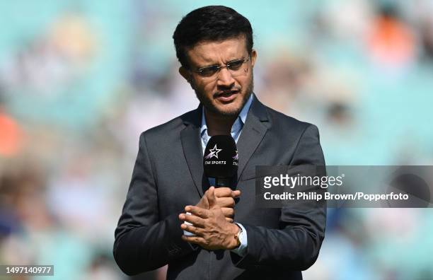 Sourav Ganguly working for Star Sports before day three of the ICC World Test Championship Final between Australia and India at The Oval on June 09,...