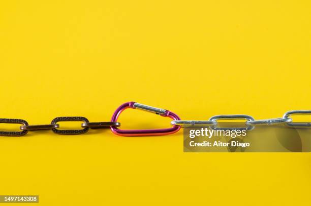 merger, network concept. two different chains joined by a link. - kettenglied stock-fotos und bilder