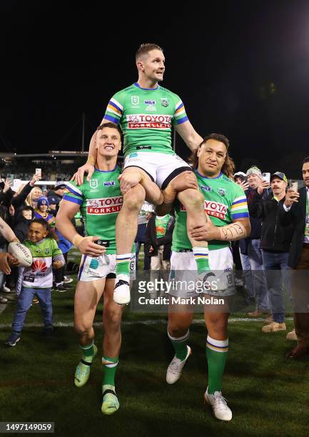 Jarrod Croker of the Raiders is chaired from the field after his 300th game after the round 15 NRL match between Canberra Raiders and New Zealand...