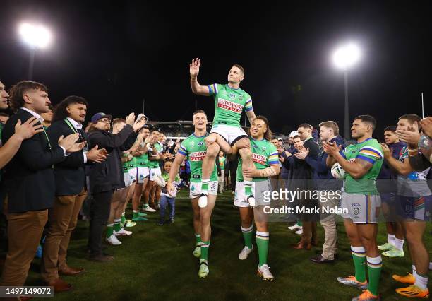 Jarrod Croker of the Raiders is chaired from the field after his 300th game after the round 15 NRL match between Canberra Raiders and New Zealand...