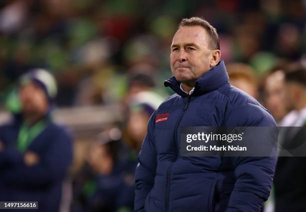 Raiders coach Ricky Stuart watches on during the round 15 NRL match between Canberra Raiders and New Zealand Warriors at GIO Stadium on June 09, 2023...