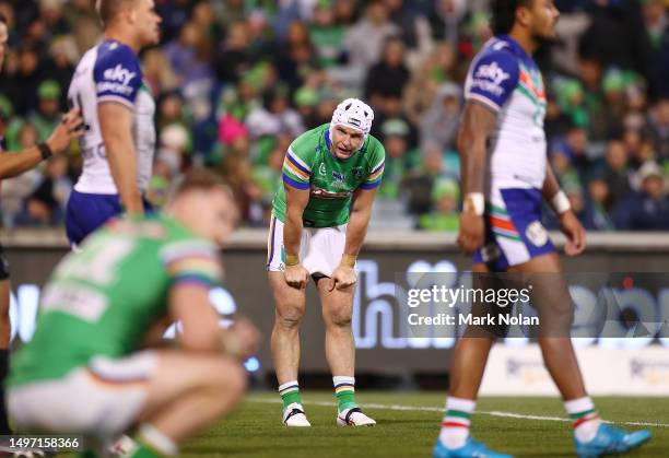 Jarrod Croker of the Raiders looks dejected after a Warriors try during the round 15 NRL match between Canberra Raiders and New Zealand Warriors at...