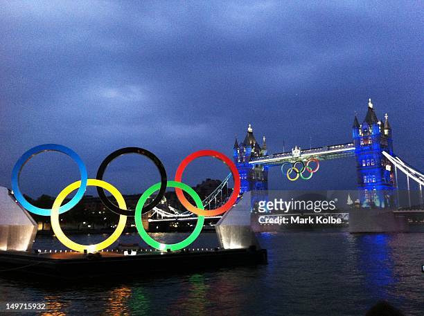The Olympic rings are seen at Tower Bridge as part of the Opening Ceremony of the London 2012 Olympic Games at the Olympic Stadium on July 27, 2012...