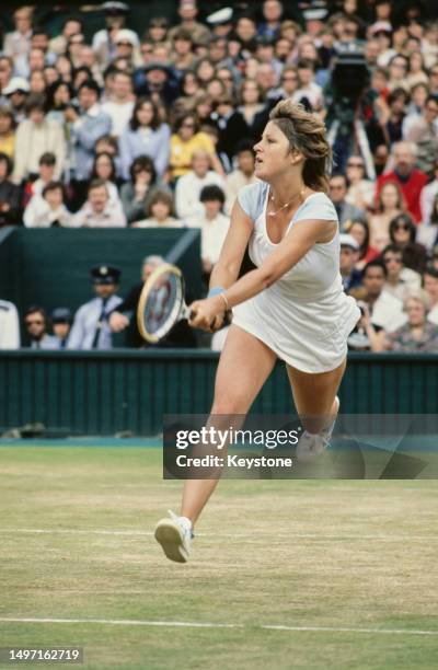 American tennis player Chris Evert in action during the Final of the Women's Singles tournament at Wimbledon, All England Lawn Tennis Club, London,...