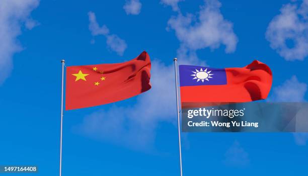 china and chinese taipei(taiwan) flag with blue sky background,3d render - taiwan imagens e fotografias de stock