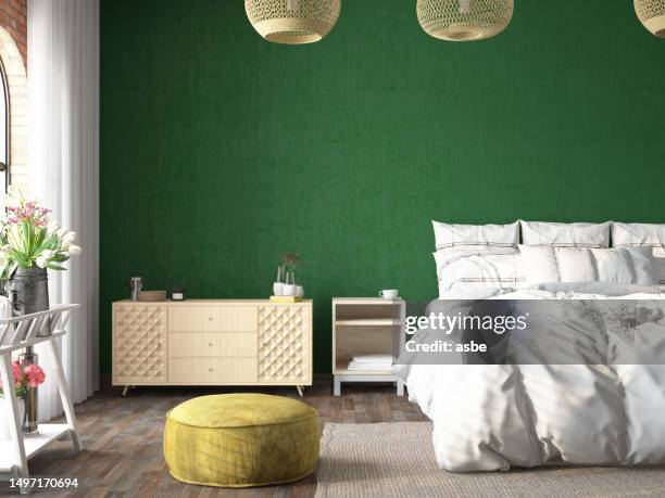 boho style cozy bedroom with green plants and empty wall - draped blanket stock pictures, royalty-free photos & images