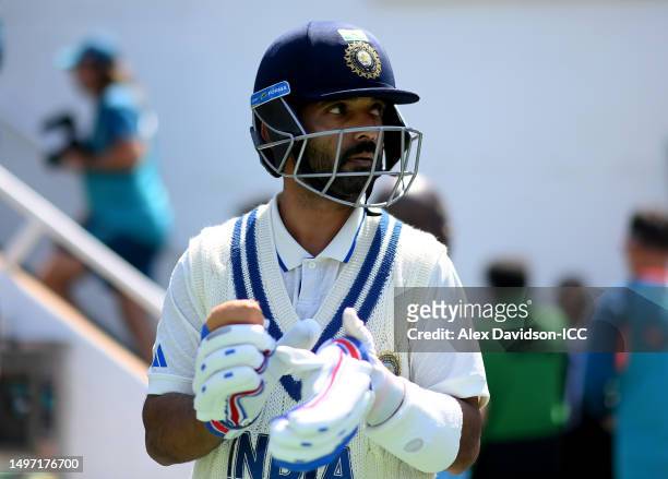 Ajinkya Rahane of India looks on during day three of the ICC World Test Championship Final between Australia and India at The Oval on June 09, 2023...