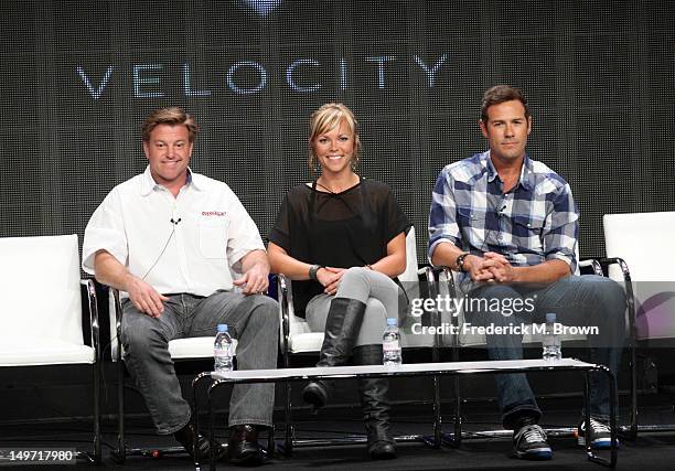 Host Chip Foose and co-hosts Jessi Combs and Chris Jacobs speak at the 'Overhaulin' discussion panel during the Discovery Networks/Velocity portion...