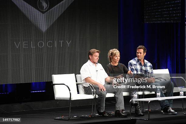 Host Chip Foose and co-hosts Jessi Combs and Chris Jacobs speak at the 'Overhaulin' discussion panel during the Discovery Networks/Velocity portion...