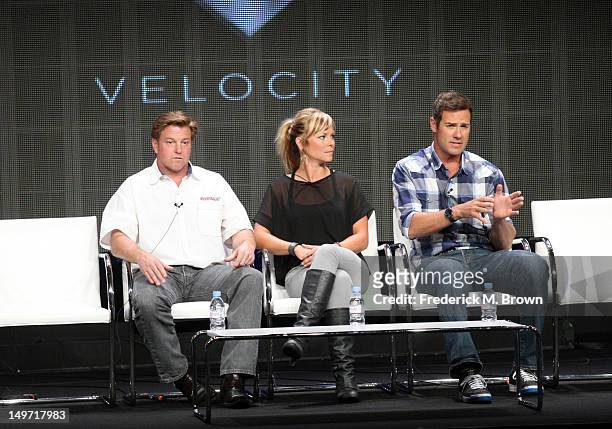 Host Chip Foose and co-hosts Jessi Combs and Chris Jacobs speak at the 'Overhaulin' discussion panel during the Discovery Networks/Velocity portion...