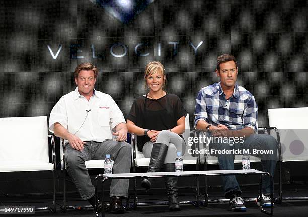 Host Chip Foose and co-hosts Jessi Combs and Chris Jacobs speak at the 'Overhaulin' discussion panel during the Discovery Networks/Velocity portion...